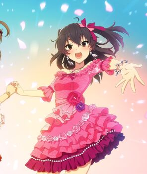 2girls :d asakura_mihono bare_shoulders blush bow bowtie bracelet breasts brown_hair cowboy_shot dot_nose dress earrings etou_kanami falling_petals flower game_cg gem gradient_hair hair_bow holding_hands interlocked_fingers jewelry layered_skirt looking_at_viewer medium_hair multicolored_hair multiple_girls necklace official_art open_mouth out_of_frame outstretched_arm petals pink_dress pink_flower pink_petals pink_rose pink_skirt purple_bow purple_flower purple_hair purple_rose purple_skirt reaching reaching_towards_viewer red_bow red_bowtie red_eyes red_flower red_gemstone red_rose rose skirt small_breasts smile solo_focus string_of_pearls teeth third-party_source toji_no_miko toji_no_miko:_kizamishi_issen_no_tomoshibi twintails upper_teeth_only white_flower white_rose