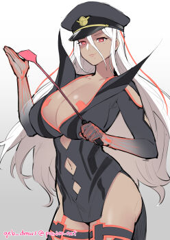 1girl absurdres ai_the_somnium_files ai_the_somnium_files:_nirvana_initiative artist_name black_dress black_hat breasts cleavage closed_mouth clothing_cutout commentary cowboy_shot dark-skinned_female dark_skin dress ge-b gradient_background hair_between_eyes hat highres huge_breasts lapels long_hair looking_at_viewer mole mole_under_eye mole_under_mouth navel navel_cutout peaked_cap peaked_lapels red_eyes simple_background solo tama_(ai_the_somnium_files) very_long_hair white_hair