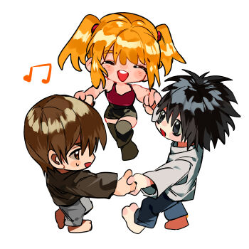 1girl 2boys absurdres amane_misa black_hair black_skirt blonde_hair blue_pants brown_hair chibi chibi_only dancing death_note full_body grey_pants hashtag-only_commentary highres holding_hands l_(death_note) multiple_boys musical_note open_mouth pants shirt short_hair simple_background skirt smile spiked_hair sweatdrop teeth two_side_up upper_teeth_only white_background white_shirt xi_luo_an_ya yagami_light