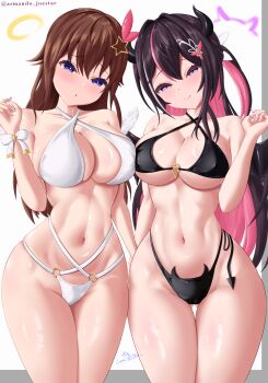 2girls abs absurdres alternate_costume angel angel_wings armanditto artist_name azki_(hololive) bare_shoulders bikini black_bikini blue_eyes blush bow breasts brown_hair colored_inner_hair commentary demon_girl demon_horns demon_wings english_commentary hair_between_eyes hair_ornament halo highres holding_hands hololive horns large_breasts licking_lips long_hair looking_at_viewer mole mole_under_eye multicolored_hair multiple_girls navel pink_eyes pink_hair seductive_smile signature simple_background smile star_(symbol) star_hair_ornament stomach swimsuit tokino_sora tongue tongue_out underwear very_long_hair virtual_youtuber white_bikini white_hair wide_hips wings