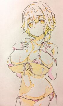 Rule 34 | 1girl, bare shoulders, bikini, blush, braid, breasts, brown hair, cleavage, commentary request, elbow gloves, gloves, hair between eyes, hair ornament, highres, koiwai yoshino, large breasts, looking at viewer, masamune-kun no revenge, micro bikini, navel, pink bikini, pink gloves, sharekoube, short hair, solo, swimsuit, traditional media, yellow eyes