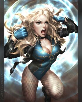 Rule 34 | 1girl, aqua eyes, black canary, black choker, black jacket, black leotard, black shoes, blonde hair, blue gloves, blue leotard, breasts, choker, cleavage, clenched hands, comic cover, commentary, dc comics, english commentary, fishnet pantyhose, fishnets, floating hair, gloves, gluteal fold, green arrow (series), highres, jacket, kunkka, leotard, long hair, multicolored leotard, official art, open mouth, pantyhose, partially unzipped, screaming, shoes, solo, sound wave, superhero costume, twitter username, two-tone leotard