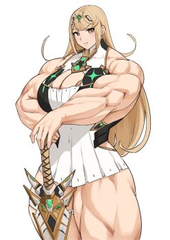 Rule 34 | 1girl, absurdres, bare shoulders, blonde hair, breasts, cleavage, cleavage cutout, clothing cutout, curvy, female focus, hand on own hip, highres, large breasts, long hair, looking at viewer, matching hair/eyes, musctonk, muscular, muscular female, mythra (xenoblade), solo, sword, thick thighs, thighs, weapon, xenoblade chronicles (series), xenoblade chronicles 2, yellow eyes