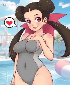 1girl ball beach_umbrella beachball black_hair blush breasts brown_eyes cloud competition_swimsuit double_bun flower grey_one-piece_swimsuit hair_bun hair_ribbon hand_on_own_chest heart long_hair looking_at_viewer medium_breasts misune_art nintendo one-piece_swimsuit pink_flower plant pokemon pokemon_oras pool red_ribbon ribbon roxanne_(pokemon) sky smile speech_bubble spoken_heart standing swimsuit table twintails umbrella water
