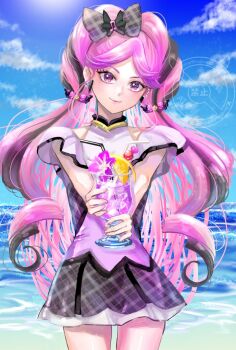 1girl bare_arms bare_legs bare_shoulders beach black_hair blue_sky braid cherry choker cloud cloudy_sky cup cure_kiss drink drinking_straw earrings flower food fortissimo fruit gingham_one-piece_swimsuit gradient_hair hair_ornament hair_ribbon hair_tie hibiscus holding holding_cup holding_drink ice ice_cube jewelry juice kimi_to_idol_precure lemon lemon_slice long_hair looking_at_viewer meroron_(civilian)_(precure) meroron_(precure) multicolored_hair multiple_earrings musical_note musical_note_hair_ornament ocean one-piece_swimsuit parted_bangs pink_hair precure puffy_sleeves purple_eyes purple_one-piece_swimsuit ribbon sky solo solo_focus summer sunlight swimsuit twin_braids twintails upper_body very_long_hair waka_(negronoir) watermark