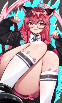 1girl :d absurdres animal_ear_fluff animal_ear_legwear animal_ears black-framed_eyewear black_choker blush cat_ear_legwear cat_ears cat_girl cat_hair_ornament choker commentary convenient_leg dark_background english_commentary fang fingerless_gloves from_below gloves hair_ornament hair_over_shoulder hands_up heart heart_print highres kneehighs long_hair nanally_(nte) neverness_to_everness open_mouth paw_pose pink_hair signature simple_background skin_fang smile socks solo squatting syyn_(syyndev) very_long_hair x_hair_ornament