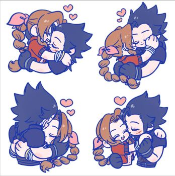 105zz 1boy 1girl aerith_gainsborough armor black_gloves blush bracelet braid braided_ponytail brown_hair closed_eyes commentary_request couple crisis_core:_final_fantasy_vii cropped_torso dress facing_another final_fantasy final_fantasy_vii final_fantasy_vii_remake gloves hair_ribbon heart hug jacket jewelry kiss kissing_cheek long_hair multiple_views parted_bangs pink_dress pink_ribbon ponytail red_jacket ribbon short_hair shoulder_armor simple_background smile spiked_hair white_background zack_fair