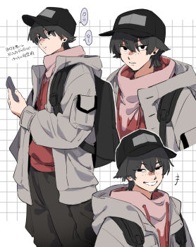 1boy ano_amesuke backpack bag baseball_cap black_eyes black_hair black_hat black_pants cargo_pants coat commentary_request earrings freckles grey_coat grin hat highres holding jewelry male_focus original pants red_sweater smile spoken_star star_(symbol) sweater translation_request