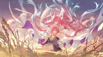 2girls absurdres aqua_hair bare_shoulders blue_eyes blue_hair breasts closed_mouth coat commentary cyrene_(aedes_elysiae)_(honkai:_star_rail) cyrene_(honkai:_star_rail) cyrene_(ripples_of_past_reverie)_(honkai:_star_rail) dawn diamond-shaped_pupils diamond_(shape) dress dual_persona flower gradient_hair hair_flower hair_ornament halo hand_up hands_on_another&#039;s_shoulders highres honkai:_star_rail honkai_(series) long_hair looking_at_another multicolored_hair multiple_girls outdoors pink_hair pink_nails pointy_ears purple_coat purple_eyes purple_sky sanyue_qiushi short_hair sitting sky small_breasts smile stab symbol-shaped_pupils two-tone_hair very_long_hair wariza wheat wheat_field white_dress