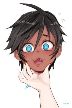 1girl absurdres artist_name black_hair blue_eyes blue_fire blush cheek_squash dani_(kivo) dark-skinned_female dark_skin disembodied_head dullahan fang fire flying_sweatdrops hand_on_another&#039;s_chin highres holding_detached_head kivo looking_at_viewer original short_hair simple_background sweatdrop tomboy white_background