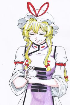 Rule 34 | 1girl, blonde hair, bow, closed eyes, closed mouth, dress, facing viewer, food, food on face, hair between eyes, hair bow, hat, hat ribbon, highres, holding, holding food, long hair, long sleeves, medium hair, mob cap, multiple hair bows, onigiri, purple tabard, red ribbon, ribbon, s590220, solo, tabard, touhou, white dress, white hat, yakumo yukari