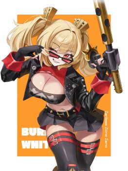 1girl black_jacket black_skirt black_thighhighs black_tube_top blonde_hair breasts burnice_white character_name cleavage copyright_name crop_top eyewear_on_head flamethrower grin highres holding holding_flamethrower holding_weapon jacket large_breasts leaning_forward looking_over_eyewear midriff mimiz_000 one_eye_closed red-tinted_eyewear red_eyes skirt smile solo spiked_belt spiked_jacket strapless sunglasses thighhighs tinted_eyewear tube_top twintails weapon zenless_zone_zero