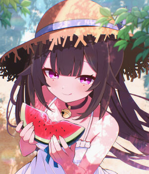 1girl :q bare_arms bare_shoulders bell black_choker black_hair blunt_bangs blurry blurry_foreground blush brown_hat choker closed_mouth collarbone commentary_request day double-parted_bangs dress food fruit hat highres holding holding_food honkai:_star_rail honkai_(series) leaf long_hair looking_at_viewer neck_bell outdoors pink_eyes sasanekomaru sleeveless sleeveless_dress smile solo sparkle_(honkai:_star_rail) straw_hat summer sun_hat tongue tongue_out upper_body watermelon white_dress