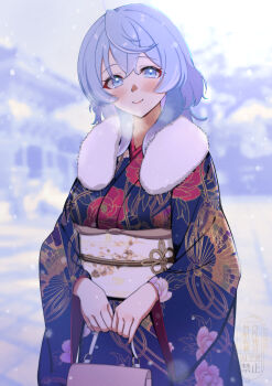 1girl 2026 absurdres ako_(blue_archive) bag blue_archive blue_eyes blue_hair blue_kimono breasts closed_mouth commentary_request floral_print floral_print_kimono fur-trimmed_kimono fur_trim furisode hair_between_eyes highres holding holding_bag japanese_clothes kimono koshimizu_you long_sleeves looking_at_viewer medium_breasts medium_hair new_year obi print_kimono sash smile solo wide_sleeves