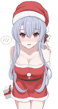 1girl absurdres alternate_costume arms_behind_back bare_shoulders belt black_belt black_bow blue_hair blush bow box breasts cleavage collarbone commentary cowboy_shot deep_skin dress elbow_gloves embarrassed eyes_visible_through_hair fur-trimmed_dress fur-trimmed_gloves fur-trimmed_headwear fur_trim gift gift_box gloves hair_between_eyes hair_bow hair_over_shoulder hair_ribbon hat highres holding holding_gift large_breasts long_hair looking_at_viewer open_mouth red_dress red_eyes red_gloves red_hat red_ribbon ribbon santa_costume santa_dress santa_hat short_dress sidelocks simple_background solo sorakado_ao soutaru3454 speech_bubble spoken_blush straight-on strapless strapless_dress summer_pockets thigh_gap upturned_eyes very_long_hair wavy_mouth white_background