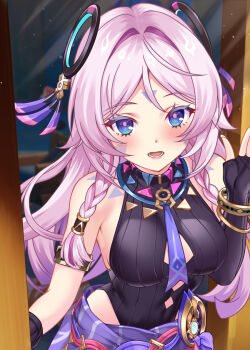 Rule 34 | 1girl, armlet, black gloves, blue eyes, blush, breasts, citlali (genshin impact), cleavage cutout, clothing cutout, commentary request, cryo symbol (genshin impact), facial mark, fingerless gloves, genshin impact, gloves, gold armlet, hair between eyes, jewelry, medium breasts, open mouth, pink hair, purple skirt, ring hair ornament, roroa (jwhk7878), shirt, skirt, sleeveless, sleeveless shirt, solo, teeth, vision (genshin impact)
