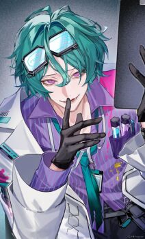 1boy black_gloves elias_delborne eyewear_on_head finger_to_mouth first_stage_production gloves highres hnzw_kun jacket long_sleeves looking_at_viewer necktie open_mouth purple_eyes shushing white_jacket