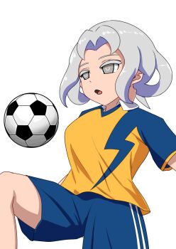 1girl akasode_matsuri_(inazuma_eleven) ball blue_shorts breasts grey_hair inazuma_eleven_(series) inazuma_eleven_victory_road notogoro open_mouth raimon raimon_soccer_uniform shorts simple_background soccer_ball soccer_uniform solo sportswear white_background