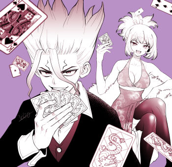 Rule 34 | 1boy, 1girl, ace (playing card), ace of spades, bare shoulders, belt, black jacket, breasts, card, cleavage, cleavage cutout, clothing cutout, collarbone, crossed legs, dr. stone, dress, eyelashes, facial mark, gradient hair, grin, hand up, hetero, high ponytail, highres, holding, holding card, implied hetero, ishigami senkuu, jacket, kohaku (dr. stone), looking at viewer, multicolored hair, ninomae gin, open mouth, playing card, ponytail, purple background, red eyes, shirt, sidelocks, signature, sitting, sitting on object, smile, smirk, spade (shape), spiked hair, teeth, thick eyebrows, thighhighs, upper teeth only, white shirt
