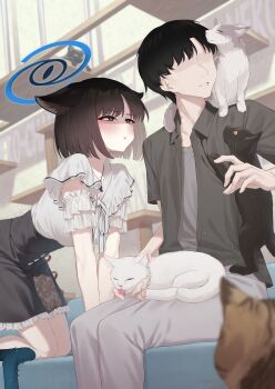 1boy 1girl absurdres animal animal_ears animal_on_lap animal_on_shoulder black_eyes black_hair black_shirt black_skirt blue_archive blue_halo cat cat_ears cat_girl cat_on_lap cat_on_shoulder cat_tail collared_shirt commentary_request grey_shirt halo high-waist_skirt highres kikyou_(blue_archive) looking_at_animal multiple_tails no_eyes on_lap pants pizza_(pizzania_company) sensei_(blue_archive) shirt short_hair short_sleeves skirt tail translation_request two_tails white_pants white_shirt