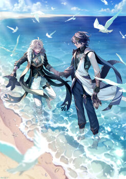 2boys :o absurdres ancient_greek_clothes aqua_shirt armor artist_name aventurine_(honkai:_star_rail) barefoot beach bird black_gloves black_jacket black_shirt black_shoes black_vest blonde_hair blue_pants blue_sky blurry blurry_background blurry_foreground bracelet cleavage_cutout closed_mouth clothing_cutout cloud collared_shirt commentary_request crossed_bangs day dr._ratio_(honkai:_star_rail) earrings eyeshadow fingerless_gloves flock fur-trimmed_jacket fur_trim gloves gold_trim greco-roman_clothes hair_between_eyes hair_ornament half_gloves highres holding holding_hands holding_sandals holding_shoes holding_unworn_clothes honkai:_star_rail honkai_(series) jacket jewelry light_particles light_rays looking_at_another makeup male_focus multiple_boys ocean open_clothes open_jacket open_mouth outdoors pants pants_rolled_up parted_bangs pauldrons purple_eyes purple_hair red_eyes red_eyeshadow sandals seashell shallow_water shell shirt shoes short_hair shoulder_armor single_earring single_pauldron sky sleeve_cuffs sleeveless sleeveless_shirt smile standing starfish sunbeam sunlight thigh_strap three-quarter_sleeves twitter_username unworn_shoes vambraces vest watch water white_pants wide-eyed wristwatch yurugi_(yurugi_h)