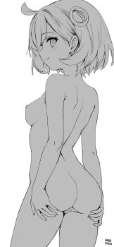 1girl :3 absurdres artist_name ass blush breasts cleft_of_venus commentary completely_nude cowboy_shot emma_(pokemon) english_commentary from_behind grabbing_own_ass greyscale head_cha_la highres looking_at_viewer medium_breasts monochrome nintendo nipples nude pokemon pokemon_legends:_z-a pussy short_hair simple_background sketch smile solo standing thighs white_background