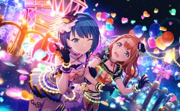 2girls ;) balloon black_gloves black_hat blue_eyes blue_hair brown_hair buddy_funny_spend_time_(project_sekai) colorful_palette dress game_cg gloves glowing glowstick grey_eyes hairband hanasato_minori hat heart heart_balloon highres kiritani_haruka looking_at_viewer mini_hat multiple_girls night official_alternate_costume official_art one_eye_closed open_mouth penlight_(glowstick) project_sekai smile star_(sky) third-party_source