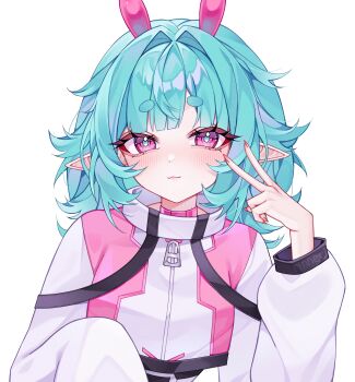 Rule 34 | 1girl, absurdres, artist name, blue hair, blue pupils, closed mouth, commentary, commission, english commentary, hair intakes, heart, highres, long sleeves, original, pink eyes, pointy ears, rinne (rinne oi), short eyebrows, solo, thick eyebrows, upper body, v, virtual youtuber, white background, zipper pull tab