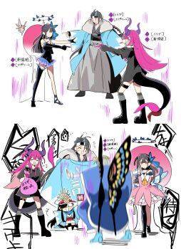 2boys 3girls aqua_haori arthropod_boy asymmetrical_gloves asymmetrical_horns bare_shoulders black_gloves black_hair black_leotard blue_cape blue_cloak blush breasts butterfly_hair_ornament butterfly_wings cape chibi choker cloak cosplay crest crown curled_horns curtained_hair diamond_hairband dragon_girl dragon_horns dragon_tail elizabeth_bathory_(fate) emo_fashion fate/extra fate/extra_ccc fate/grand_order fate/kaleid_liner_prisma_illya fate_(series) finger_cots flower_halo fur-trimmed_cape fur-trimmed_cloak fur_shawl fur_trim gameplay_mechanics gloves grey_hakama hair_ornament hakama haori haori_on_shoulders highres horns illyasviel_von_einzbern illyasviel_von_einzbern_(milk_fairy) insect_wings japanese_clothes jurassic_world keikenchi_(style) koha-ace kondou_isami_(fate) kuriimu0203 layered_gloves leotard long_hair marvel meme mini_nobu_(fate) miyu_edelfelt miyu_edelfelt_(swimsuit_lancer)_(third_ascension) multiple_boys multiple_girls oberon_(fate) oberon_(first_ascension)_(fate) oda_nobunaga_(fate) oda_nobunaga_(koha-ace) oda_uri open_mouth outstretched_arms parody pink_hair pointing pointing_at_another pointing_spider-man_(meme) pointy_ears prattkeeping_(meme) prisma_illya prisma_illya_(cosplay) punk red_eyes shawl shinsengumi shinsengumi_(fate) single_thighhigh small_breasts smile spider-man_(series) spread_arms tail thighhighs two-tone_one-piece_swimsuit uneven_gloves uneven_horns wings