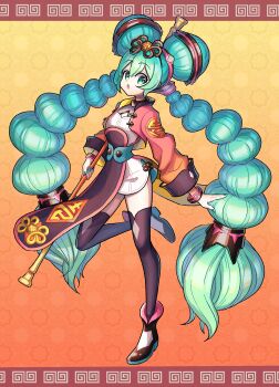 1girl :o absurdres aqua_eyes aqua_hair bacon_(shippo_no_hito) black_shoes black_thighhighs chinese_clothes commentary_request double_bun full_body gradient_background hair_bun hatsune_miku hatsune_miku_(noodle_stopper)_(china) highres holding holding_staff long_hair looking_at_viewer official_alternate_costume open_mouth shoes solo staff standing standing_on_one_leg thighhighs very_long_hair vocaloid