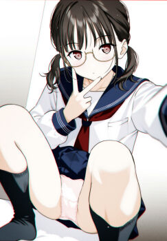 1girl absurdres bad_tag black_hair black_socks blue_sailor_collar blue_skirt brown_eyes closed_mouth clothes_lift commentary_request crotch_seam film_grain foot_out_of_frame glasses hand_up highres long_sleeves medium_hair moonsorrow neckerchief no_shoes original outstretched_arm panties red_neckerchief sailor_collar school_uniform selfie semi-rimless_eyewear serafuku shirt skirt skirt_lift socks solo squatting taking_picture twintails underwear v v_over_mouth white_panties white_shirt