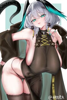1girl aqua_eyes aqua_nails arknights armpits bare_shoulders black_dress black_panties black_thighhighs breasts commentary_request covered_navel cowboy_shot dress earrings feathered_wings grey_hair hair_between_eyes hand_up head_wings ho&#039;olheyak_(arknights) ho&#039;olheyak_(ritual_of_immortality)_(arknights) jewelry large_breasts long_dress long_sleeves long_tail looking_at_viewer luhuaic medium_hair official_alternate_costume panties parted_lips side_slit slit_pupils snake_tail solo tail thighhighs underwear wings