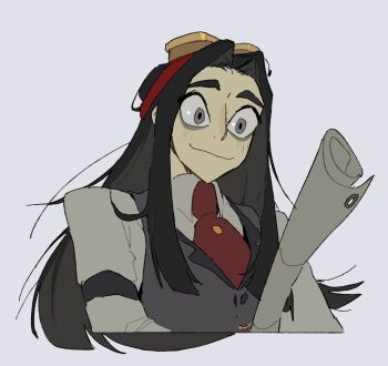 Rule 34 | 1boy, abcdefz 7, bags under eyes, black hair, goggles, goggles on head, grey background, grey eyes, grey vest, hazbin hotel, hellaverse, highres, long hair, male focus, scroll, simple background, sir pentious, sir pentious (human), solo, upper body, vest