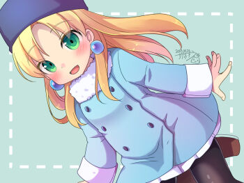 black_hat black_pantyhose blonde_hair blue_dress brown_footwear buttons coat commentary_request dress earrings fur-trimmed_coat fur_hat fur_trim green_eyes hat highres jewelry kalinka_cossack_(mega_man) long_hair long_sleeves mega_man_(classic) mega_man_(series) mega_man_4 open_mouth pantyhose parted_bangs sano_akira ushanka winter_clothes.