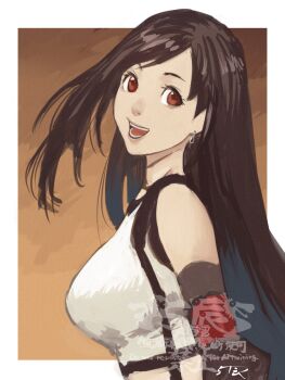 1girl 5tatsu artist_name bare_shoulders black_bra black_gloves border bra brown_background brown_eyes commentary_request crop_top earrings elbow_gloves elbow_pads final_fantasy final_fantasy_vii final_fantasy_vii_remake gloves highres jewelry long_hair midriff open_mouth shirt single_elbow_pad sleeveless sleeveless_shirt smile solo sports_bra suspenders tifa_lockhart underwear upper_body white_border white_shirt