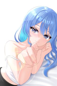 Rule 34 | 1girl, absurdres, blue eyes, blue hair, commentary, english commentary, highres, hololive, hoshimachi suisei, looking at viewer, lying, on side, rain lambda, simple background, solo, star (symbol), star in eye, symbol in eye, upper body, virtual youtuber, white background
