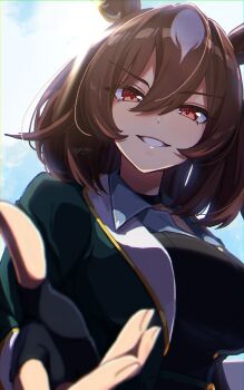 1girl absurdres animal_ears backlighting black_gloves black_shirt breasts brown_hair choker cloud commentary_request day fingerless_gloves gloves green_jacket grin hair_between_eyes highres horse_ears horse_girl jacket long_hair medium_breasts outdoors reaching reaching_towards_viewer red_eyes shirt sirius_symboli_(umamusume) smile solo toji_(y2toj2) twitter_username umamusume upper_body watermark