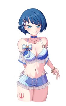 1girl alternate_breast_size_(larger) anchor_tattoo aozora_no_saki_kagayaki_wo_oikakete_(project_sekai) arm_behind_back bikini bikini_bottom_under_shorts bikini_under_clothes blue_bikini blue_choker blue_eyes blue_hair blue_shorts blunt_ends blush bow bracelet breasts choker cleavage closed_mouth collarbone commentary cowboy_shot cropped_legs frilled_bikini frills gold_bracelet hair_bow hair_ornament hairclip highleg highleg_bikini highres jewelry kiritani_haruka licking_lips looking_at_viewer medium_breasts multiple_bracelets navel necklace o-ring o-ring_bikini official_alternate_costume project_sekai short_hair short_shorts shorts side-tie_bikini_bottom simple_background smile solo stomach swimsuit taizan_gaki tattoo thighs tongue tongue_out v white_background