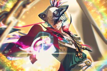 Rule 34 | 1boy, blue hair, blue shirt, brant (wuthering waves), chromatic aberration, commentary request, earrings, grin, hat, hat feather, highres, holding, holding sword, holding weapon, jewelry, looking at viewer, male focus, open clothes, open shirt, pants, pink eyes, sae naiyatsu, shirt, short hair, smile, solo, sword, tacet mark (wuthering waves), tricorne, twitter username, weapon, white pants, wuthering waves