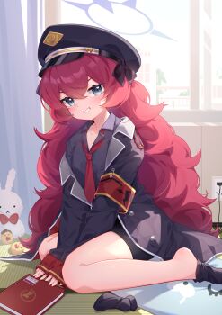 Rule 34 | 1girl, :d, absurdres, akovo, armband, bare legs, between legs, black bow, black coat, black eyes, black hat, black shirt, black shorts, black socks, bloom, blue archive, blue halo, book, bow, bowtie, chinese commentary, coat, collared shirt, commentary request, curly hair, day, doodle sensei (blue archive), dot nose, double-parted bangs, electrical outlet, full body, grey eyes, grin, hair between eyes, halo, hand between legs, hat, hat bow, highres, indoors, iroha (blue archive), light blush, long hair, looking at viewer, making-of available, multi-source commentary, necktie, on floor, open clothes, open coat, open collar, open mouth, peaked cap, red armband, red bow, red hair, red necktie, sensei (blue archive), shirt, shorts, single off shoulder, single sock, sitting, sleeve cuffs, sleeves past wrists, smile, socks, solo, stuffed animal, stuffed rabbit, stuffed toy, unkempt, unworn socks, v-shaped eyebrows, very long hair, wariza, window