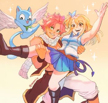 1boy 1girl artist_name bare_arms bare_shoulders belt black_boots black_vest blonde_hair blue_cat blue_skirt blue_trim boots brown_belt brown_eyes carrying cat collared_shirt commentary earrings english_commentary fairy_tail grin hand_on_another&#039;s_shoulder happy_(fairy_tail) heart heart_earrings highres jewelry long_hair lucy_heartfilia natsu_dragneel one_side_up open_clothes open_vest orange_background pants pink_hair pleated_skirt princess_carry scarf shirt short_hair skirt sleeveless sleeveless_shirt smile sparkle_background teeth twitter_username vanemiin vest whip white_pants white_scarf white_shirt white_wings wings wristband