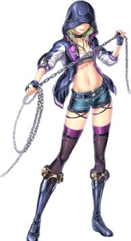 1girl artist_request belt boots breasts chain cleavage collar fingerless_gloves full_body game_cg gloves green_hair greta_(unitia) highres holding holding_chain hood hood_up jewelry long_sleeves navel necklace no_eyes official_art open_mouth short_shorts shorts solo transparent_background unitia