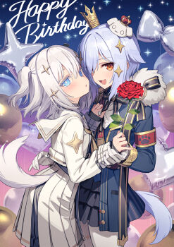 1boy 1girl armband balloon black_skirt blue_eyes blue_hair bright_pupils brown_eyes crown dog_tail flower gloves hair_ornament happy_birthday highres holding holding_flower holding_hands inuyama_tamaki inuyama_tamaki_(7th_costume) kaito_(k4itoh) long_sleeves looking_at_viewer noripro official_alternate_costume paw_print pleated_skirt red_armband red_flower red_rose rose sailor_collar school_uniform serafuku shirt short_hair skirt star_(symbol) star_hair_ornament tail tamaki_(voisona) trap two_side_up virtual_youtuber voisona white_gloves white_hair white_sailor_collar white_serafuku white_shirt white_skirt