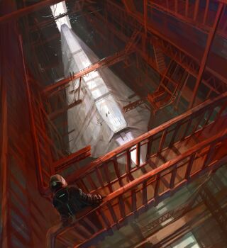 Rule 34 | 1boy, astronaut, bad id, bad pixiv id, denchou, dutch angle, grand scale, hangar, highres, light rays, male focus, original, scenery, science fiction, solo, spacecraft, sunbeam, sunlight