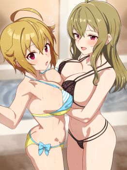 2girls absurdres ahoge asymmetrical_docking bathtub bikini black_bikini breast_press breasts brown_eyes character_request commentary_request commission cowboy_shot highres ibuki_tsubasa idolmaster idolmaster_million_live! large_breasts long_hair milliani mismatched_bikini multi-strapped_bikini_bottom multi-strapped_bikini_top multiple_girls pixiv_commission red_eyes short_hair side-tie_bikini_bottom standing swimsuit