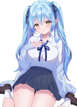 1girl ahoge aqua_hair aqua_jacket aqua_nails black_ribbon black_skirt blue_hair blush boots breasts brown_boots closed_mouth collared_shirt commentary_request elf hair_ornament hair_ribbon hand_on_own_chest highres hololive jacket large_breasts long_hair long_sleeves looking_at_viewer multicolored_hair nametakeko pleated_skirt pointy_ears ribbon shirt simple_background sitting skirt snowflake_hair_ornament socks solo streaked_hair wariza white_background white_shirt white_socks yellow_eyes yukihana_lamy