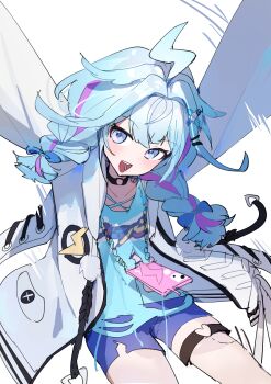 1girl absurdres ahoge arms_up blue_bow blue_eyes blue_hair blue_shirt blue_shorts bow braid carternanmen choker commentary hair_between_eyes hair_bow hair_flaps hair_ornament hairclip highres hololive hololive_dev_is hood hooded_jacket jacket lightning_ahoge long_hair long_sleeves looking_at_viewer low_twin_braids mizumiya_su mizumiya_su_(1st_costume) motion_lines multicolored_hair o-ring o-ring_choker o-ring_thigh_strap open_clothes open_jacket open_mouth parallel_hairclips pink_streaks print_shirt shirt short_shorts shorts simple_background solo streaked_hair thigh_strap torn_clothes torn_shirt torn_shorts twin_braids two-tone_hair virtual_youtuber white_background white_jacket x_hair_ornament