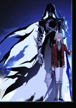 2boys absurdres black_cloak black_shirt black_shorts black_vest blonde_hair braid chinese_commentary cloak collared_shirt commentary_request facial_tattoo flame_reaver_of_the_deepest_dark gradient_hair highres honkai:_star_rail honkai_(series) hood hood_up hooded_cloak jacket jia_qing_zi male_focus medium_hair multicolored_hair multiple_boys mydei_(honkai:_star_rail) night night_sky open_clothes open_jacket red_hair red_jacket red_tattoo shirt shorts side_braid sky tattoo vest yellow_eyes