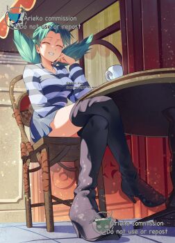1girl ariekochan black_boots blue_hair blush boots breasts cafe chair closed_eyes commentary english_commentary grey_skirt grin highres kris_(pokemon) long_hair long_sleeves medium_breasts nintendo on_chair open_mouth pokemon pokemon_gold/silver/crystal pokemon_legends:_z-a shirt sitting skirt smile striped_clothes striped_shirt table teeth thigh_boots twintails