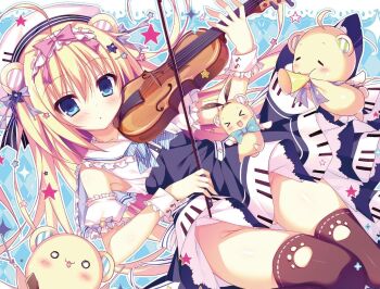 1girl bare_shoulders black_thighhighs blonde_hair blue_eyes blush bow breasts closed_mouth clothes_lift detached_sleeves dress eyebrows_hidden_by_hair frills hair_between_eyes hair_ornament hair_ribbon hairband holding holding_instrument instrument lolita_hairband long_hair looking_at_viewer lying no_panties original ribbon sailor_collar shiromochi_sakura solo star_(symbol) stuffed_animal stuffed_toy teddy_bear thighhighs twintails very_long_hair violin wrist_cuffs